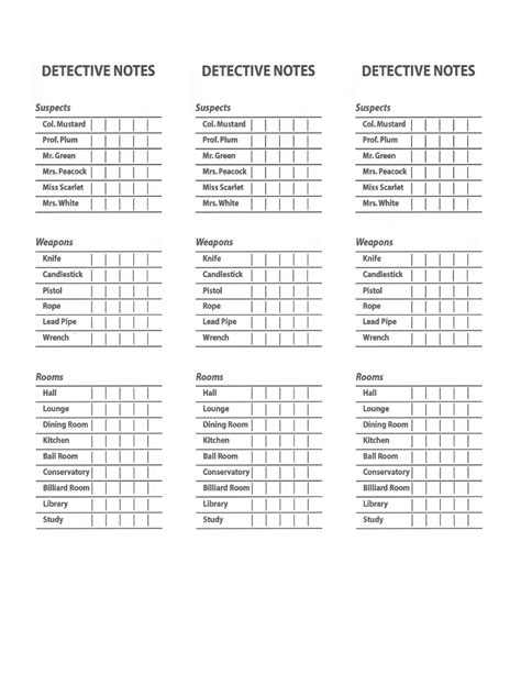 Cluedo Detective Notes Printable