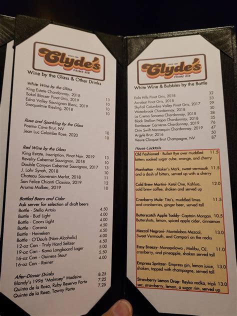 clyde's prime rib restaurant and bar menu