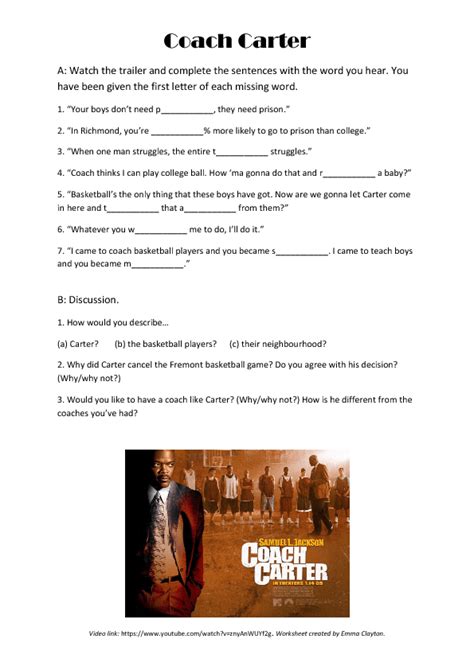 coach carter movie questions worksheet