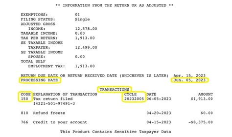 code 150 on irs transcript 2025 with date