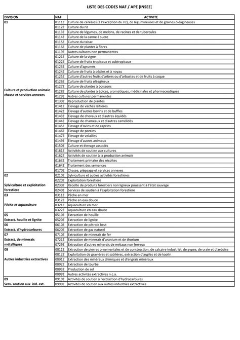 code ape liste excel