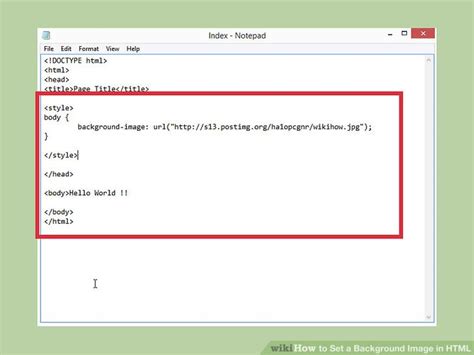 code how to insert background image in html using notepad