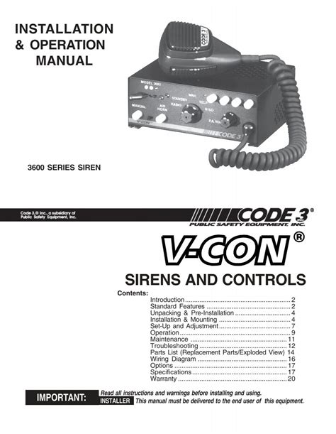 code 3 Siren, VCon model no 3672L4 control panel shows manual Radio