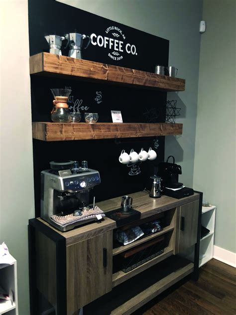 It's better built at home. Coffee bar. Floating shelves with hooks for