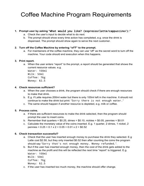 coffee machine program requirements in python pdf