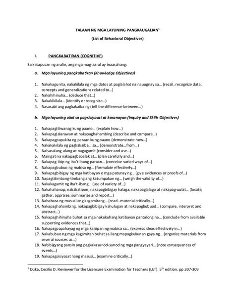 cognitive objectives examples tagalog