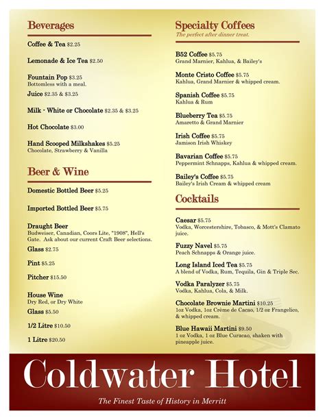 coldwater hotel menu