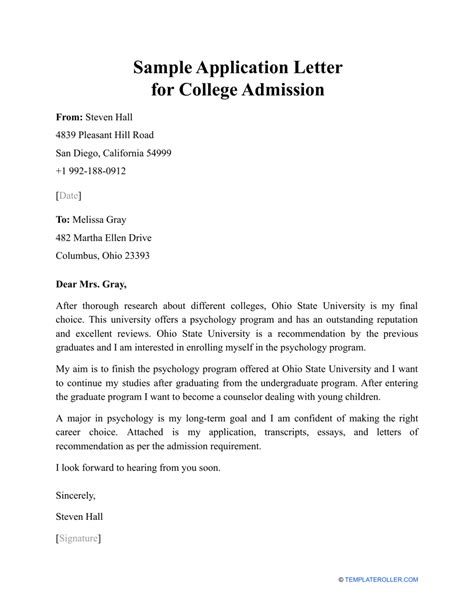 College Admission Application Letter Templates at