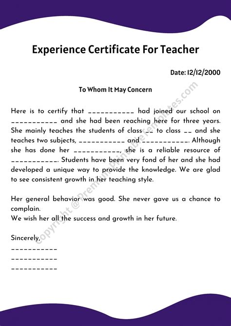 Experience Certificate For Teacher PDF and Editable Word [Pack of 5]