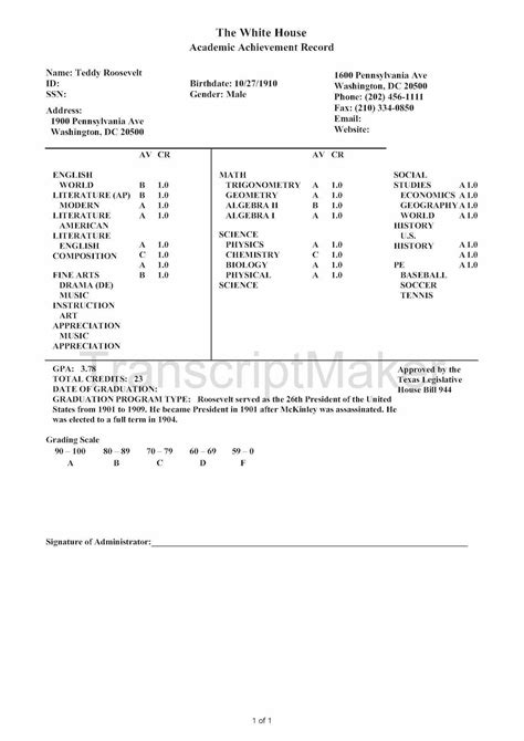 college transcript example for students