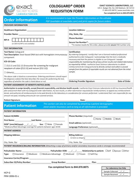 cologuard test order requisition form