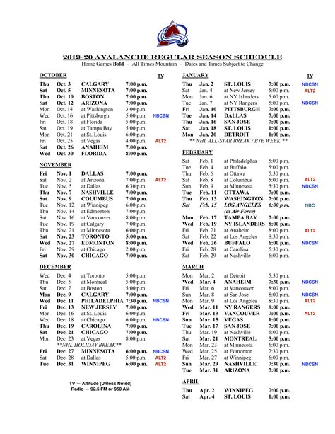 colorado avalanche 2019 20 schedule