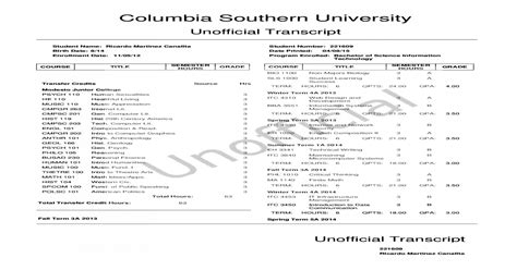 columbia university unofficial transcript