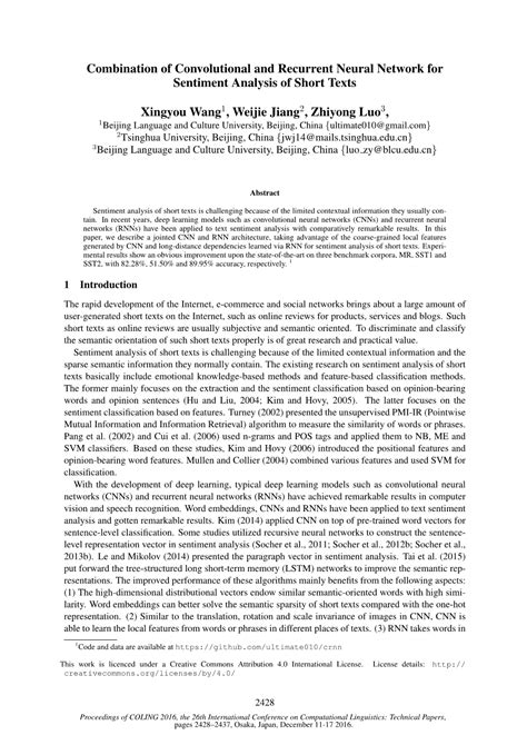 combination of convolutional and recurrent neural network for sentiment analysis of short texts
