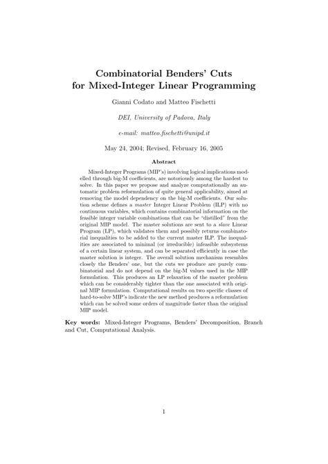 Combinatorial Benders' Cuts For Mixed-Integer Linear Programming
