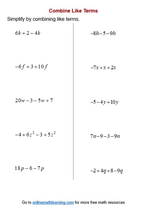 combining like terms worksheet pdf with answers grade 7