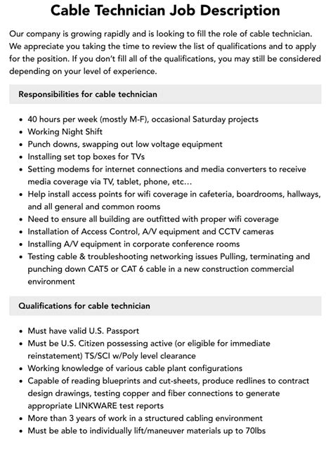 Comcast Cable Technician Job Description