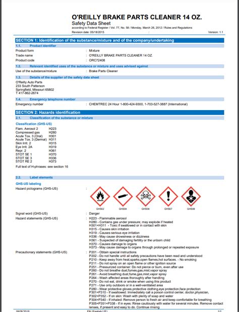 Comma Brake Cleaner Safety Data Sheet