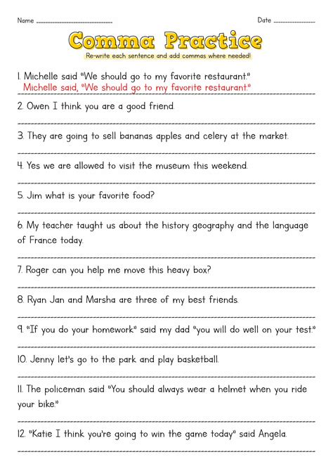 Comma Worksheets Printable