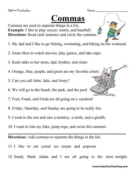 Great free worksheets for commas in a series