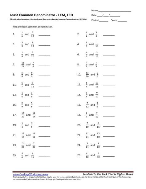 Least Common Denominator Worksheet Printable Worksheet for Kindergarten