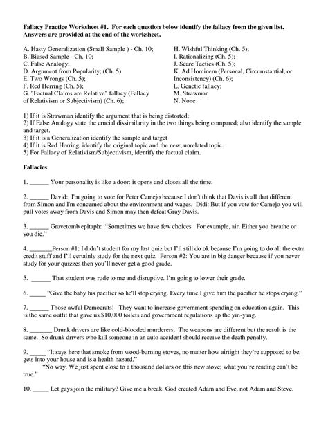 common logical fallacies worksheet answers