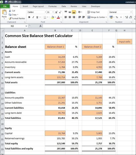 common size balance sheet in excel