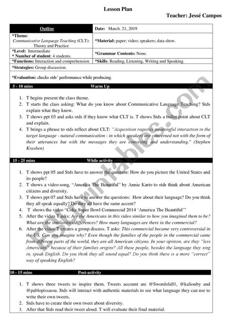 communicative approach lesson plan example