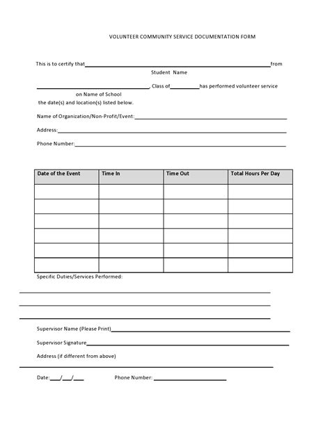 Court Ordered Community Service Form community service hours