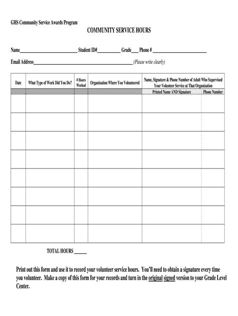 community service hours form pdf