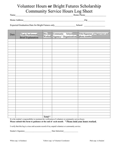 community service hours log sheet