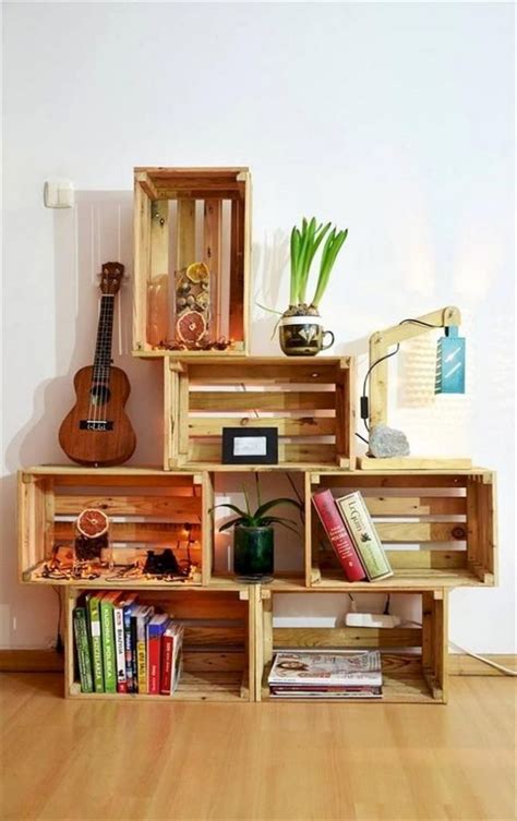 Wood crate shelves, Bookcase diy, Diy wooden crate