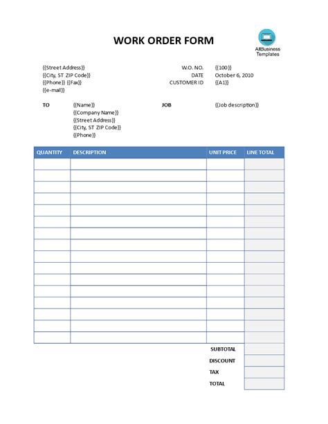 Work Order Form Templates at