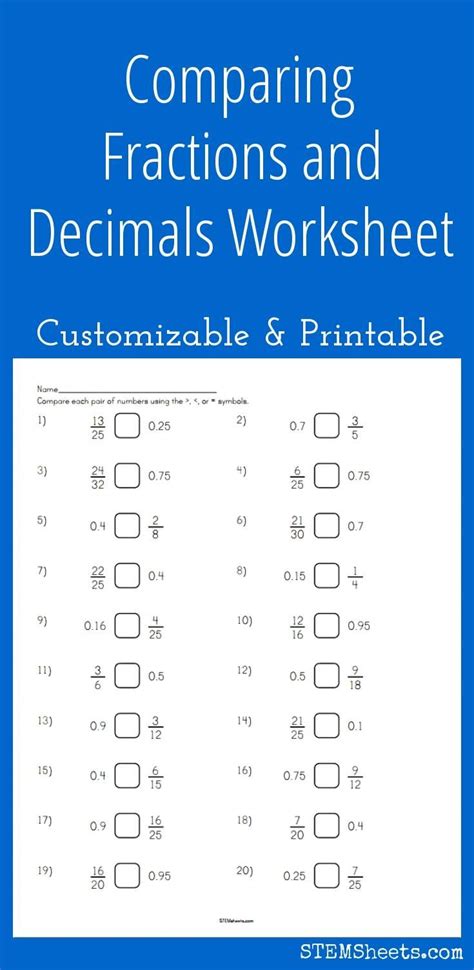 comparing fractions and decimals worksheet