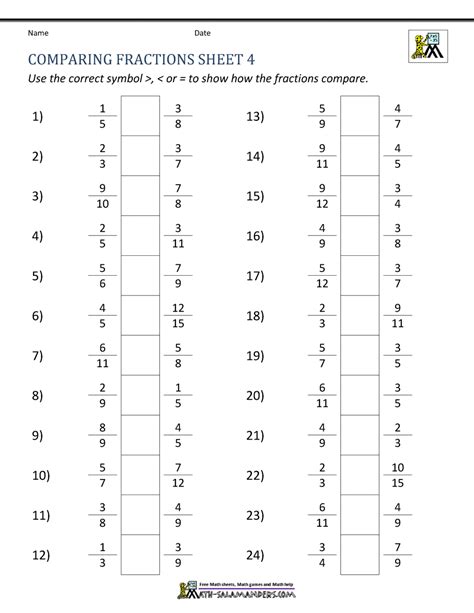 comparing fractions worksheet with answers grade 6