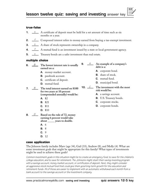comparing saving and investing worksheet answers