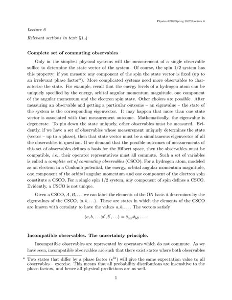 Complete Set Of Commuting Observables Examples