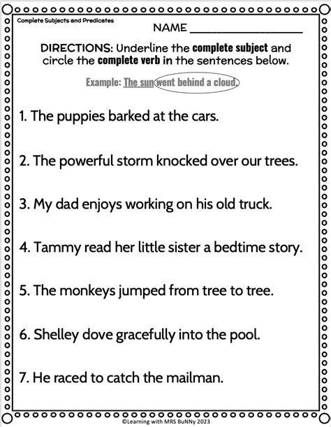 complete subject and predicate worksheet