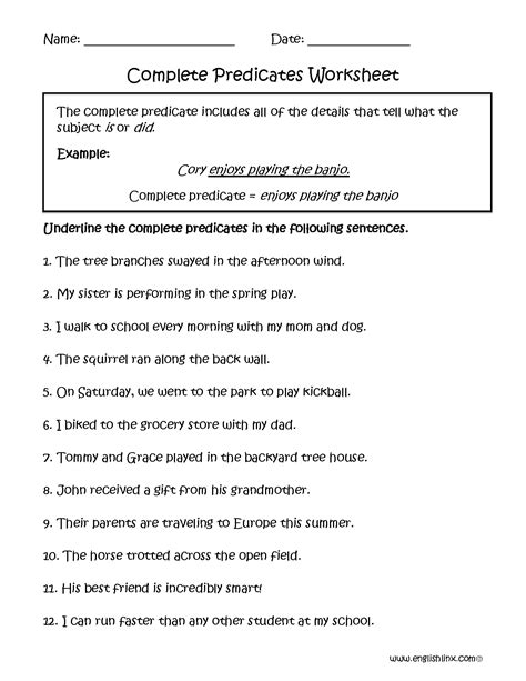 complete subject and predicate worksheet 5th grade