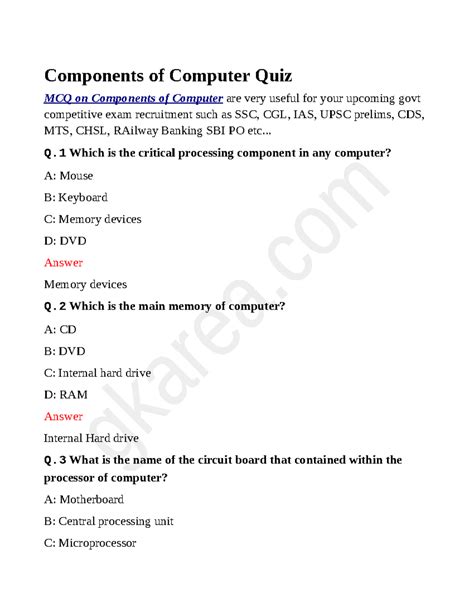Components Of A Computer Quiz