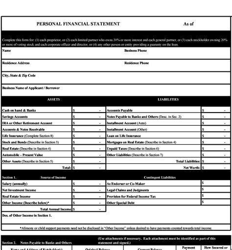 components of a personal financial statement form