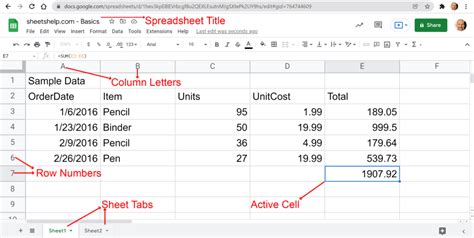 components of google sheets