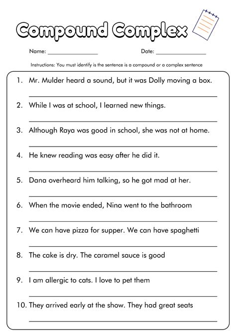 compound or complex sentence worksheet printable template