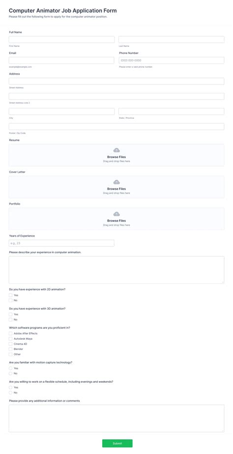 computer animator job application form template
