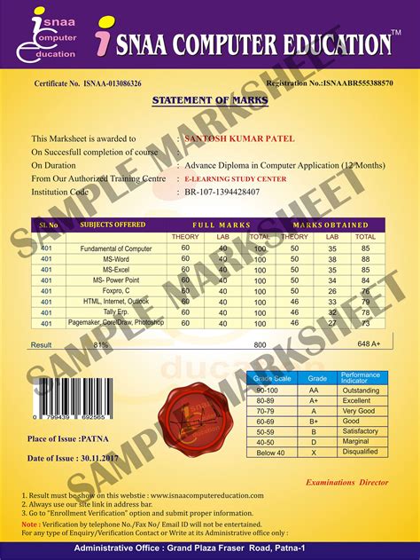 Computer Certificate Marksheet Format
