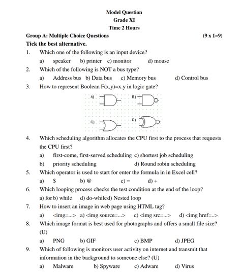 Computer Exam Question Paper Class 11