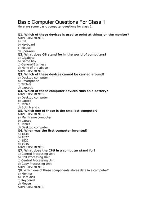 Computer Quiz Questions For Class 1