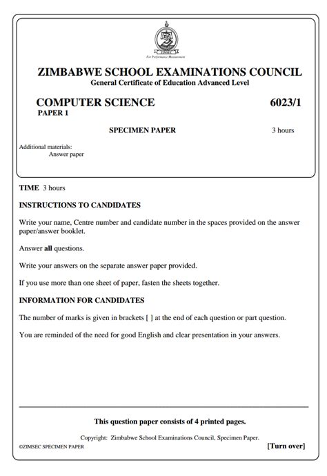 Computer Science Past Papers Zimsec