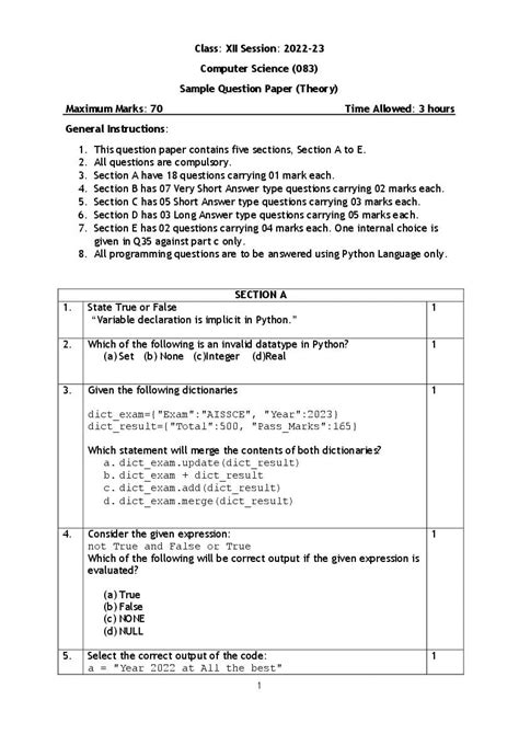 Computer Science Sample Paper Class 12 Pdf