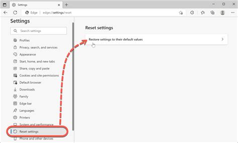 Image of a computer screen displaying the option to reset settings in the Edge browser.